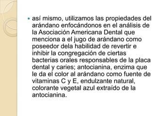    así mismo, utilizamos las propiedades del
    arándano enfocándonos en el análisis de
    la Asociación Americana Dental que
    menciona a el jugo de arándano como
    poseedor dela habilidad de revertir e
    inhibir la congregación de ciertas
    bacterias orales responsables de la placa
    dental y caries; antocianina, enzima que
    le da el color al arándano como fuente de
    vitaminas C y E, endulzante natural,
    colorante vegetal azul extraído de la
    antocianina.
 