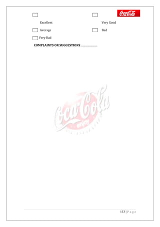 Excellent Very Good
Average Bad
Very Bad
COMPLAINTS OR SUGGESTIONS…………………
133 | P a g e
 