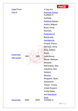 Coke/"Coca-
Cola II"
in Yap and
American Samoa
Coca-Cola
with Lemon
2001 2005
Available in:
Australia,
American Samoa,
Austria, Belgium,
Brazil, China,
Denmark,
Federation of
Bosnia and
Herzegovina,
Finland, France,
Germany, Hong
Kong, Iceland,
Korea,
Luxembourg,
Macau, Malaysia,
Mongolia,
Netherlands, New
Caledonia, New
Zealand,
Reunion,
Singapore, Spain,
Switzerland,
Taiwan, Tunisia,
United Kingdom,
United States,
and West Bank-
Gaza
Coca-Cola 2002; 2005; Available in:
25 | P a g e
 
