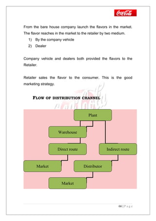 From the bare house company launch the flavors in the market.
The flavor reaches in the market to the retailer by two medium.
1) By the company vehicle
2) Dealer
Company vehicle and dealers both provided the flavors to the
Retailer.
Retailer sales the flavor to the consumer. This is the good
marketing strategy.
FLOW OF DISTRIBUTION CHANNEL
66 | P a g e
Plant
Direct route Indirect route
Warehouse
DistributorMarket
Market
 