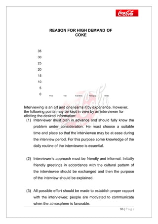 0
5
10
15
20
25
30
35
Price Test Availability Packaging Others
REASON FOR HIGH DEMAND OF
COKE
Interviewing is an art and one learns it by experience. However,
the following points may be kept in view by an interviewer for
eliciting the desired information:
(1) Interviewer must plan in advance and should fully know the
problem under consideration. He must choose a suitable
time and place so that the interviewee may be at ease during
the interview period. For this purpose some knowledge of the
daily routine of the interviewee is essential.
(2) Interviewer’s approach must be friendly and informal. Initially
friendly greetings in accordance with the cultural pattern of
the interviewee should be exchanged and then the purpose
of the interview should be explained.
(3) All possible effort should be made to establish proper rapport
with the interviewee; people are motivated to communicate
when the atmosphere is favorable.
86 | P a g e
 