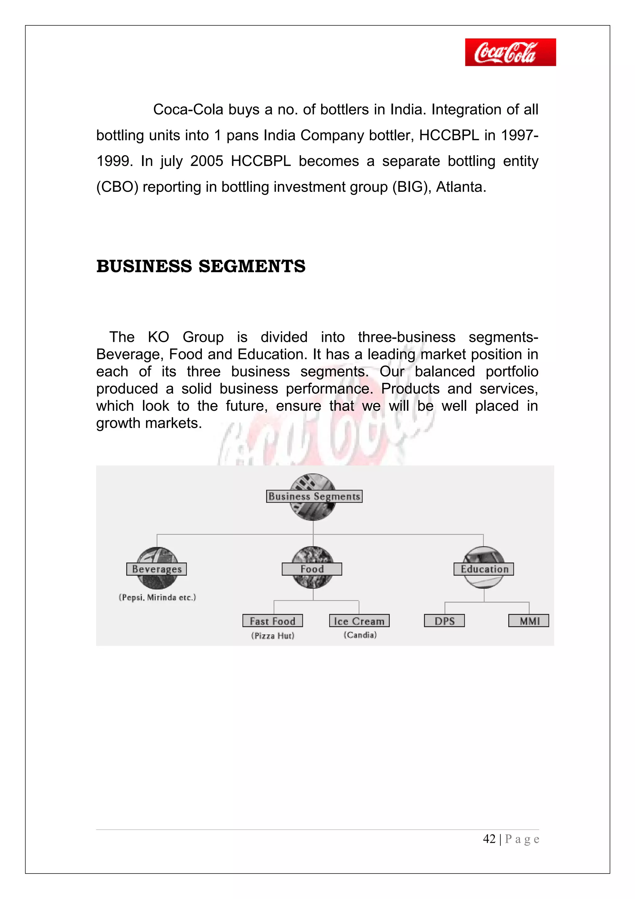 Coca-Cola buys a no. of bottlers in India. Integration of all
bottling units into 1 pans India Company bottler, HCCBPL in 1997-
1999. In july 2005 HCCBPL becomes a separate bottling entity
(CBO) reporting in bottling investment group (BIG), Atlanta.
BUSINESS SEGMENTS
The KO Group is divided into three-business segments-
Beverage, Food and Education. It has a leading market position in
each of its three business segments. Our balanced portfolio
produced a solid business performance. Products and services,
which look to the future, ensure that we will be well placed in
growth markets.
42 | P a g e
 