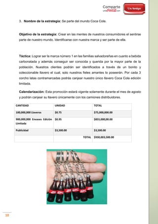 10
3. Nombre de la estrategia: Se parte del mundo Coca Cola.
Objetivo de la estrategia: Crear en las mentes de nuestros consumidores el sentirse
parte de nuestro mundo. Identificarse con nuestra marca y ser parte de ella.
Táctica: Lograr ser la marca número 1 en las familias salvadoreñas en cuanto a bebida
carbonatada y además conseguir ser conocida y querida por la mayor parte de la
población. Nuestros clientes podrán ser identificados a través de un bonito y
coleccionable llavero el cual, solo nuestros fieles amantes lo poseerán. Por cada 3
corcho latas contramarcadas podrás canjear nuestro único llavero Coca Cola edición
limitada.
Calendarización: Esta promoción estará vigente solamente durante el mes de agosto
y podrán canjear su llavero únicamente con los camiones distribuidores.
CANTIDAD UNIDAD TOTAL
100,000,000 Llaveros $0.75 $75,000,000.00
900,000,000 Envases Edición
Limitada
$0.95 $855,000,00.00
Publicidad $3,500.00 $3,500.00
TOTAL $930,003,500.00
 
