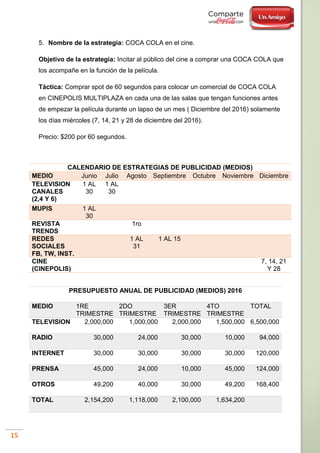 15
5. Nombre de la estrategia: COCA COLA en el cine.
Objetivo de la estrategia: Incitar al público del cine a comprar una COCA COLA que
los acompañe en la función de la película.
Táctica: Comprar spot de 60 segundos para colocar un comercial de COCA COLA
en CINEPOLIS MULTIPLAZA en cada una de las salas que tengan funciones antes
de empezar la película durante un lapso de un mes ( Diciembre del 2016) solamente
los días miércoles (7, 14, 21 y 28 de diciembre del 2016).
Precio: $200 por 60 segundos.
CALENDARIO DE ESTRATEGIAS DE PUBLICIDAD (MEDIOS)
MEDIO Junio Julio Agosto Septiembre Octubre Noviembre Diciembre
TELEVISION
CANALES
(2,4 Y 6)
1 AL
30
1 AL
30
MUPIS 1 AL
30
REVISTA
TRENDS
1ro
REDES
SOCIALES
FB, TW, INST.
1 AL
31
1 AL 15
CINE
(CINEPOLIS)
7, 14, 21
Y 28
PRESUPUESTO ANUAL DE PUBLICIDAD (MEDIOS) 2016
MEDIO 1RE
TRIMESTRE
2DO
TRIMESTRE
3ER
TRIMESTRE
4TO
TRIMESTRE
TOTAL
TELEVISION 2,000,000 1,000,000 2,000,000 1,500,000 6,500,000
RADIO 30,000 24,000 30,000 10,000 94,000
INTERNET 30,000 30,000 30,000 30,000 120,000
PRENSA 45,000 24,000 10,000 45,000 124,000
OTROS 49,200 40,000 30,000 49,200 168,400
TOTAL 2,154,200 1,118,000 2,100,000 1,634,200
 