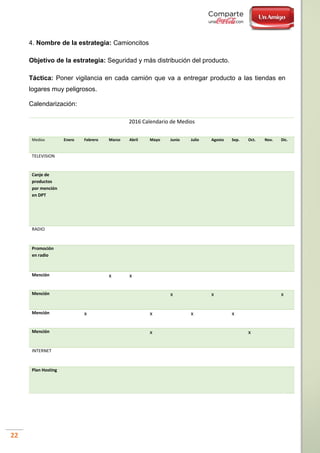 22
4. Nombre de la estrategia: Camioncitos
Objetivo de la estrategia: Seguridad y más distribución del producto.
Táctica: Poner vigilancia en cada camión que va a entregar producto a las tiendas en
logares muy peligrosos.
Calendarización:
2016 Calendario de Medios
Medios Enero Febrero Marzo Abril Mayo Junio Julio Agosto Sep. Oct. Nov. Dic.
TELEVISION
Canje de
productos
por mención
en DPT
RADIO
Promoción
en radio
Mención x x
Mención x x x
Mención x x x x
Mención x x
INTERNET
Plan Hosting
 