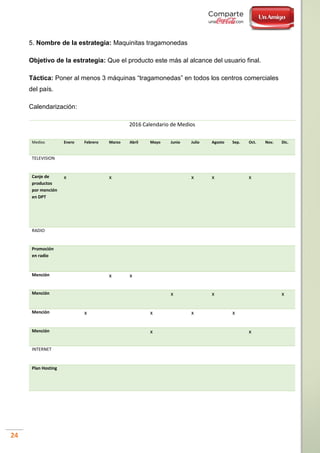 24
5. Nombre de la estrategia: Maquinitas tragamonedas
Objetivo de la estrategia: Que el producto este más al alcance del usuario final.
Táctica: Poner al menos 3 máquinas “tragamonedas” en todos los centros comerciales
del país.
Calendarización:
2016 Calendario de Medios
Medios Enero Febrero Marzo Abril Mayo Junio Julio Agosto Sep. Oct. Nov. Dic.
TELEVISION
Canje de
productos
por mención
en DPT
x x x x x
RADIO
Promoción
en radio
Mención x x
Mención x x x
Mención x x x x
Mención x x
INTERNET
Plan Hosting
 