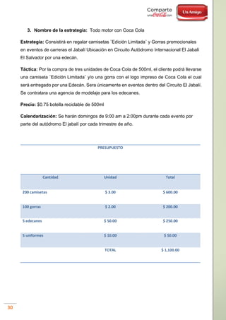 30
3. Nombre de la estrategia: Todo motor con Coca Cola
Estrategia: Consistirá en regalar camisetas ¨Edición Limitada¨ y Gorras promocionales
en eventos de carreras el Jabalí Ubicación en Circuito Autódromo Internacional El Jabalí
El Salvador por una edecán.
Táctica: Por la compra de tres unidades de Coca Cola de 500ml, el cliente podrá llevarse
una camiseta ¨Edición Limitada¨ y/o una gorra con el logo impreso de Coca Cola el cual
será entregado por una Edecán. Sera únicamente en eventos dentro del Circuito El Jabalí.
Se contratara una agencia de modelaje para los edecanes.
Precio: $0.75 botella reciclable de 500ml
Calendarización: Se harán domingos de 9:00 am a 2:00pm durante cada evento por
parte del autódromo El jabalí por cada trimestre de año.
PRESUPUESTO
Cantidad Unidad Total
200 camisetas $ 3.00 $ 600.00
100 gorras $ 2.00 $ 200.00
5 edecanes $ 50.00 $ 250.00
5 uniformes $ 10.00 $ 50.00
TOTAL $ 1,100.00
 