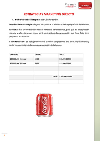 8
ESTRATEGIAS MARKETING DIRECTO
1. Nombre de la estrategia: Coca Cola for school.
Objetivo de la estrategia: Llegar a ser parte de la merienda de los pequeñitos de la familia.
Táctica: Crear un envase fácil de usar y creativo para los niños, para que así ellos puedan
disfrutar y a la misma ves poder sentirse atraído de la presentación que Coca Cola tiene
preparado en especial.
Calendarización: Se trabajaran durante 6 meses del presente año en el preparamiento y
posterior promoción de la nueva presentación de la bebida.
CANTIDAD UNIDAD TOTAL
100,000,000 Envases $0.65 $65,000,000.00
100,000,000 Stickers $0.35 $35,000,000.00
TOTAL $100,000,000.00
 