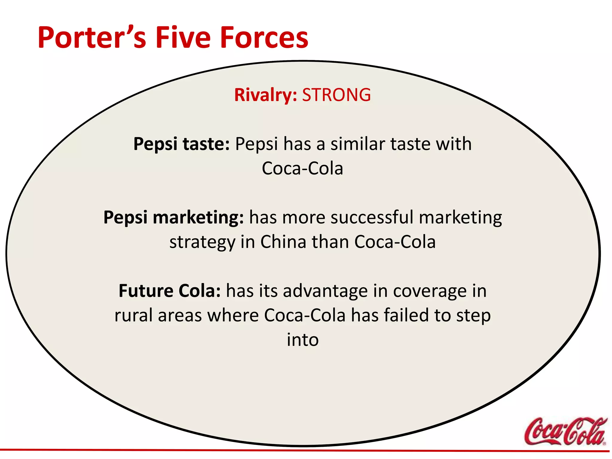 Porter’s Five Forces
Rivarly among
existing competitors
Threath of new
entrants
Bargaining
power of
suppliers
Bargaining
power of
buyers
Threath of
substitutes
Threath of new entrants: WEAK
• Brand Image / Loyalty: Coca-Cola has
consolidate brand equity and loyal customer
• Retailer and super markets shelf space:
Retailers require significant margins for the shelf
space they offer
• Advertising Spends
Eg. In 2008, Coca-Cola invested €81.2 million in
the Beijing Olympic
• Substantial fixed cost
Bargaining power of buyers: WEAK
• Individual consumer may have little power
over the companies
• Wholesalers, distributers and retailer may
have certain power over Coca-Cola
• Coca-Cola also has its own well-developed
distribution channel in China
Threat of substitutes: STRONG
• There is a number of other soft drinks can
easier substitute Cola. Eg. tea
• The increasing health awareness has lead to
the trends of healthy drinks, such as milk or
flavored juice
• Consumers have more choices than ever
before
Bargaining power of suppliers: WEAK
Availability of the ingredients on the Chinese
market
Eg. Such as aspartame which many often is
substitute for saccharine
Fluctuations in market price:
Eg. Market turbulence increases Coke’s
vulnerability to price fluctuations
Rivalry: STRONG
Pepsi taste: Pepsi has a similar taste with
Coca-Cola
Pepsi marketing: has more successful marketing
strategy in China than Coca-Cola
Future Cola: has its advantage in coverage in
rural areas where Coca-Cola has failed to step
into
 