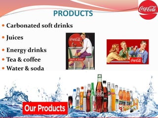 PRODUCTS
 Carbonated soft drinks
 Juices
 Energy drinks
 Tea & coffee
 Water & soda
 