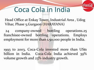 24 company-owned bottling operations.25
franchisee-owned bottling operations. Employs
employment for more than 1,50,000 people in India.
1993 to 2003, Coca-Cola invested more than US$1
billion in India. Coca-Cola India achieved 39%
volume growth and 23% industry growth.
Coca Cola in India
Head Office at Enkay Tower, Industrial Area , Udog
Vihar, Phase 5,Gurgaon (HARAYANA)
 
