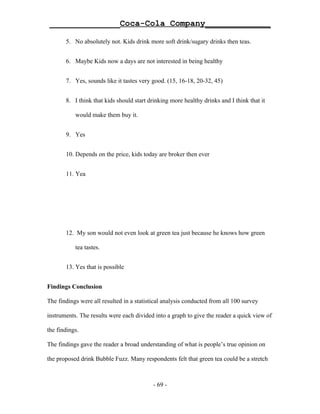 ______________Coca-Cola Company_____________

       5. No absolutely not. Kids drink more soft drink/sugary drinks then teas.


       6. Maybe Kids now a days are not interested in being healthy


       7. Yes, sounds like it tastes very good. (15, 16-18, 20-32, 45)


       8. I think that kids should start drinking more healthy drinks and I think that it

           would make them buy it.


       9. Yes


       10. Depends on the price, kids today are broker then ever


       11. Yea




       12. My son would not even look at green tea just because he knows how green

           tea tastes.


       13. Yes that is possible


Findings Conclusion

The findings were all resulted in a statistical analysis conducted from all 100 survey

instruments. The results were each divided into a graph to give the reader a quick view of

the findings.

The findings gave the reader a broad understanding of what is people’s true opinion on

the proposed drink Bubble Fuzz. Many respondents felt that green tea could be a stretch



                                           - 69 -
 