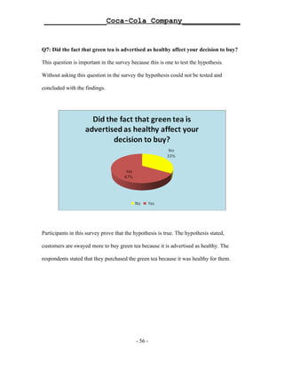 ______________Coca-Cola Company_____________


Q7: Did the fact that green tea is advertised as healthy affect your decision to buy?

This question is important in the survey because this is one to test the hypothesis.

Without asking this question in the survey the hypothesis could not be tested and

concluded with the findings.




Participants in this survey prove that the hypothesis is true. The hypothesis stated,

customers are swayed more to buy green tea because it is advertised as healthy. The

respondents stated that they purchased the green tea because it was healthy for them.




                                           - 56 -
 