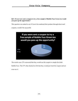 ______________Coca-Cola Company_____________




Q11: If you were sent a coupon to try a free sample of Bubble Fuzz Green tea would
you pass up the opportunity?

This question was asked to see if Coca-Cola marketed their product through direct mail

coupons, would it be successful.




The results were 33% answered that they would use the coupon to sample the drink

Bubble Fuzz. The 67% that checked no felt that they would just trash the coupon and not

even use it.




                                         - 60 -
 