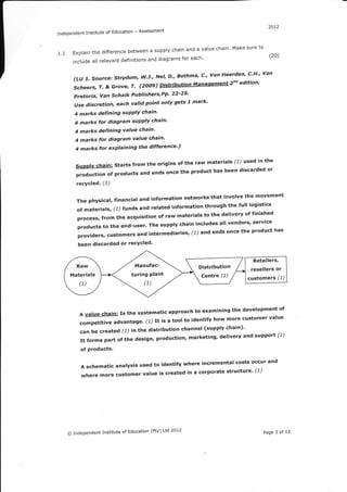 2otz
Independent Institute of Education   - Assessment

                                                                                     to
                                                  chain and a value chain' Make sure
1.1    Explain the difference between a supply                                              (20)
                                                      for each'
       include all relevant definitions and diagrams

                                                         Van Heerden' C'H"            Van
       (LU 7. Source: Strydom, W'J" Nel' D'' Bothma' C"
        Scheers, T. & Grove' T' (2OOg)
                                       Distribution Manaoement 2"d edition'
       Pretoria, Van Schaik Publishers'Pp' 22-25'
                                              gets 7 mark'
       llse discretion, each valid point only
       4 marks defining suPPIY chain'
       4 marks for diagram suPPIY chain'
       4 marks defining value chain'
       4 marks for diagram value chain'
       4 marks for explaining the difference')

        Supolvchain:Startsfromtheoriginsoftherawmaterials(1)usedinthe
                                                                    or
                                                 product has been discarded
        production of products and ends once the
        recYcled. (1.)

        Thephysica|,financiaIandinformationnetworksthatinvo|vethemovement
                                                         through the full logistics
        of materials, (-1) funds and related information
         Process'fromtheacquisitionofrawmateria|stothede|iveryoffinished
                                                    includes atl vendors' service
         products to the end-user' The supply chain
         providersrcustomersandintermediaries'(1)andendsoncetheproducthas
         been discarded or recYcled'

                                                                                  Retailers'
                                     Manufac-
                                                                                 resellers or
                                 turing Plant
                                                                                customers (I)
                                        (1)




                                                    to examining the development of
          A varue chain: rs the systematic approach
          competitiveadvantage'(1,)Itisatooltoidentifyhowmorecustomervalue
                                                 channel (supply chain)'
          can be created (I) in the distribution
                                                              delivery and support (l)
          It formF part of the design, production' marketing'
          of products.

          Aschematicana|ysisusedtoidentifywhereincrementa|costsoccurand
                                               in a corporate structure' (J)
          where more customer value is created




    @ Independent   Institute of Education (Pty) Ltd 2012                                 Page 3 of 13
 