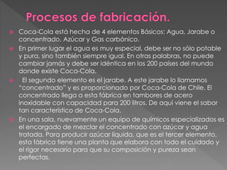  Coca-Cola está hecha de 4 elementos Básicos: Agua, Jarabe o 
concentrado, Azúcar y Gas carbónico. 
 En primer lugar el agua es muy especial, debe ser no sólo potable 
y pura, sino también siempre igual. En otras palabras, no puede 
cambiar jamás y debe ser idéntica en los 200 países del mundo 
donde existe Coca-Cola. 
 El segundo elemento es el jarabe. A este jarabe lo llamamos 
“concentrado” y es proporcionado por Coca-Cola de Chile. El 
concentrado llega a esta fábrica en tambores de acero 
inoxidable con capacidad para 200 litros. De aquí viene el sabor 
tan característico de Coca-Cola. 
 En una sala, nuevamente un equipo de químicos especializados es 
el encargado de mezclar el concentrado con azúcar y agua 
tratada. Para producir azúcar líquida, que es el tercer elemento, 
esta fábrica tiene una planta que elabora con todo el cuidado y 
el rigor necesario para que su composición y pureza sean 
perfectas. 
 