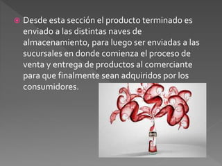  Desde esta sección el producto terminado es 
enviado a las distintas naves de 
almacenamiento, para luego ser enviadas a las 
sucursales en donde comienza el proceso de 
venta y entrega de productos al comerciante 
para que finalmente sean adquiridos por los 
consumidores. 
 