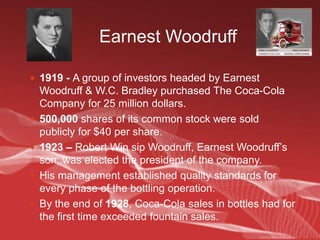 1895 – “Coca-Cola” is now drunk in every state and territory of United States.Bottling Begins1894 - In Vicksburg, Mississippi, Joseph A. Biedenharn, the first bottler of coca cola.1899 – Benjamin F. Thomas & Joseph B. White-headed of Chattanooga, Tennessee    the exclusive right to bottle & sell Coca-Cola practically the entire United States.The development what is today the worldwide Coca-Cola bottling system.