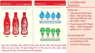 1. THƯƠNG HIỆU
COCACOLA
Các hoạt động khác :
• Các dự án nước sạch phục
vụ cộng đồng tại VN.
• Các dự án năng lượng.
Về giáo dục :
• “Hội thảo kỹ năng Thành
Công” – đào tạo kỹ năng
mềm hơn 6000 sinh viên
năm 2008 – 2010.
• “Hành Trang mở lối Thành
Công” – định hướng nghề
nghiệp từ T9 – 12/2013.
Mục tiêu CSR đến năm 2020 là cống hiến để tạo nên một thế giới sống
khỏe và vui vẻ hơn. Và hoạt động trên 4 lĩnh vực là nước sạch, năng
lượng và khí hậu, môi trường và nông nghiệp.
 