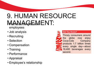 9. HUMAN RESOURCE
MANAGEMENT:• Plan the hiring of new
employees
• Job analysis
• Recruiting
• Selection
• Compensation
• Training
• Performance
• Appraisal
• Employee’s relationship
Did You Know?
Thirsty consumers around
the globe now enjoy
Coca-Cola Company
products 1.7 billion times
every single day—about
19,400 beverages every
second.
 
