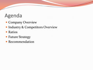 AgendaCompany OverviewIndustry & Competitors OverviewRatiosFuture StrategyRecommendation