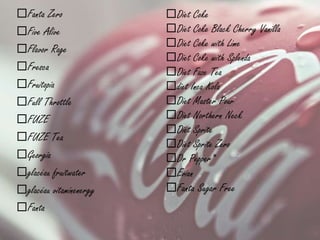 Fanta Zero
Five Alive
Flavor Rage
Fresca
Fruitopia
Full Throttle
FUZE
FUZE Tea
Georgia
glacéau fruitwater
glacéau vitaminenergy
Fanta
Diet Coke
Diet Coke Black Cherry Vanilla
Diet Coke with Lime
Diet Coke with Splenda
Diet Faze Tea
diet Inca Kola
Diet Master Pour
Diet Northern Neck
Diet Sprite
Diet Sprite Zero
Dr Pepper*
Evian
Fanta Sugar Free
 