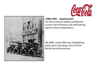 1900-1909 … Rapid growthThe three pioneer bottlers divided the country into territories and sold bottling rights to local entrepreneurs.