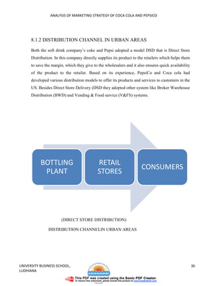 ANALYSIS OF MARKETING STRATEGY OF COCA COLA AND PEPSICO




      8.1.2 DISTRIBUTION CHANNEL IN URBAN AREAS

      Both the soft drink company’s coke and Pepsi adopted a model DSD that is Direct Store
      Distribution. In this company directly supplies its product to the retailers which helps them
      to save the margin, which they give to the wholesalers and it also ensures quick availability
      of the product to the retailer. Based on its experience, PepsiCo and Coca cola had
      developed various distribution models to offer its products and services to customers in the
      US. Besides Direct Store Delivery (DSD they adopted other system like Broker Warehouse
      Distribution (BWD) and Vending & Food service (V&FS) systems.




           BOTTLING                         RETAIL
                                                                      CONSUMERS
            PLANT                           STORES




                       (DIRECT STORE DISTRIBUTION)

                DISTRIBUTION CHANNELIN URBAN AREAS




UNIVERSITY BUSINESS SCHOOL,                                                                           36
LUDHIANA
 