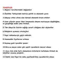 TEHDİTLER 
1.Müşteri tercihlerindeki değişimleri 
2.Özellikle Türkiye’deki belirsiz politik ve ekonomik çevre 
3.Dünyayı etkisi altına alan küresel ekonomik krizin etkileri 
4.Uzun yıllardır pazar lideri konumunda olmanın motivasyon düşüklüğüne, 
ve gevşekliğe neden olma ihtimali. 
5.Tüm dünya’da Cola’nin sağlığa zararlı olduğuna dair söylentiler 
6.Rakiplerin acımasız stratejileri 
7.Pepsi reklamlarıyla güçlü rakibidir. 
8.Hammadde fiyatlarının artması 
9.Doymuş gazlı içecekler pazarı 
10.Bira,su,meyve suları gibi çeşitli içeceklerin mevcut olması 
11.Coca-Cola ürün hattı elemanların birbirlerini baltalama ihtimali de 
tehditler arasına alınabilir. 
12.Rakibi olan Pepsi'nin daha çeşitlendirilmiş içeceklerinin olması 
 