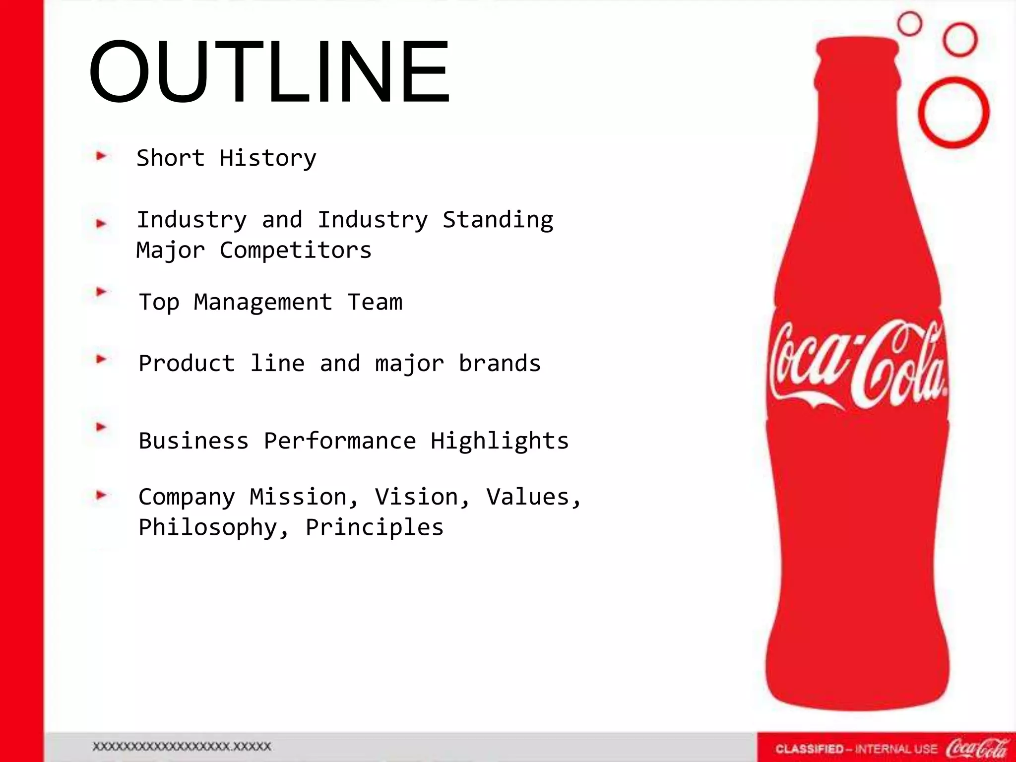 OUTLINE
Short History
Industry and Industry Standing
Major Competitors
Top Management Team
Product line and major brands
Business Performance Highlights
Company Mission, Vision, Values,
Philosophy, Principles
 