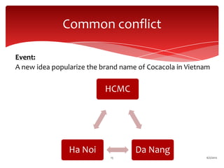 Common conflict

Event:
A new idea popularize the brand name of Cocacola in Vietnam


                           HCMC




                Ha Noi              Da Nang
                            15                           6/2/2012
 