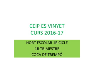 CEIP ES VINYET
CURS 2016-17
HORT ESCOLAR 1R CICLE
1R TRIMESTRE
COCA DE TREMPÓ
 