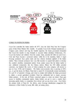 29
COKE VS PEPSI IN INDIA
Coca-Cola controlled the Indian market till 1977, once the Janta Party beat the Congress
party of then Prime Minister Mrs. Gandhi. To penalise Coca-Cola's Principal manufacturer, a
Congress party stalwart and long live Gandhi supporter, the Janata government demanded
that Coca-Cola transfer in sirup formuale to associate Indian subsidiary (Chakravarty, 43).
Coca-Cola backed and withdrew from the country. India, currently left while not each Coca-
Cola and Pepsi, became a protected market. within the in the meantime, India's 2 target
beverage producers have gotten made and lazy whereas dominant eightieth of the Indian
market. These domestic producers have very little incentive to expand their plants or develop
the country's doubtless monumental market. Some analyst reason that the Indian market is
also additional remunerative that the Chinese market, Bharat has 850 million potential
customers, one hundred fifty scores of whom comprise the center category, with income to
pay on Cars, VCRs and Computers. The Indian socio-economic class is growing at 100%
p.a., to get the license for Bharat, Pepsi had to export $5 of domestically created merchandise
for each $1 of materials it foreign, and it had to comply with facilitate the Indian government
to initiate a second agricultural revolution. Pepsi has additionally had to require associate
Indian partners. In the end, all Parties concerned appear to return out ahead. Pepsi gain
access to doubtless monumental market, Indian bottlers can get to serve a market that's
increasing quickly thanks to competition from abroad and can pay lower costs. Even before
the primary bottle of Pepsi hit the shelves, native beverage manufacturer exaggerated the
dimensions of their bottles by twenty fifth while not raising prices.
 