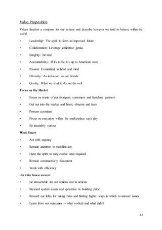 33
Value Proposition
Values function a compass for our actions and describe however we tend to behave within the
world.
• Leadership: The spirit to form an improved future
• Collaboration: Leverage collective genius
• Integrity: Be real
• Accountability: If it's to be, it’s up to American state
• Passion: Committed in heart and mind
• Diversity: As inclusive as our brands
• Quality: What we tend to do, we do well
Focus on the Market
• Focus on wants of our shoppers, customers and franchise partners
• Get out into the market and listen, observe and learn
• Possess a position
• Focus on execution within the marketplace each day
• Be insatiably curious
Work Smart
• Act with urgency
• Remain attentive to modification
• Have the spirit to vary course once required
• Remain constructively discontent
• Work with efficiency
Act Like house owners
• Be answerable for our actions and in actions
• Steward system assets and specialize in building price
• Reward our folks for taking risks and finding higher ways in which to unravel issues
• Learn from our outcomes -- what worked and what didn’t
 