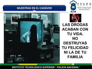INSTITUTO TECNOLÓGICO SUPERIOR “ POLICÍA NACIONAL”
MUESTRAS EN EL CADÁVER
LAS DROGAS
ACABAN CON
TU VIDA.
NO
DESTRUYAS
TU FELICIDAD
NI LA DE TU
FAMILIA
 