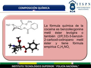 INSTITUTO TECNOLÓGICO SUPERIOR “ POLICÍA NACIONAL”
COMPOSICIÓN QUÍMICA
La fórmula química de la
cocaína es benzoilecgonina
metil éster levógira o
también (2R,3S)-3-benzoil-
2-carboxil-oxitropano metil
éster y tiene fórmula
empírica C17H21NO4
 