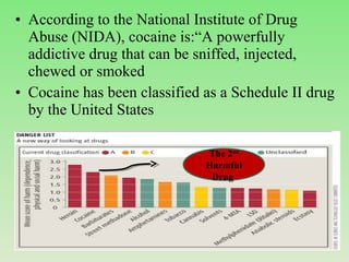 • According to the National Institute of Drug
Abuse (NIDA), cocaine is:“A powerfully
addictive drug that can be sniffed, injected,
chewed or smoked
• Cocaine has been classified as a Schedule II drug
by the United States
The 2nd
Harmful
Drug
 