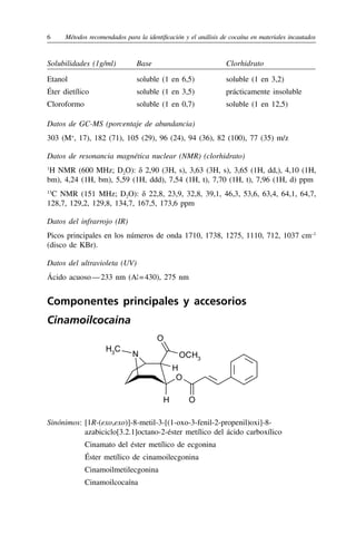 6	 Métodos recomendados para la identificación y el análisis de cocaína en materiales incautados
Solubilidades (1g/ml) Base Clorhidrato
Etanol soluble (1 en 6,5) soluble (1 en 3,2)
Éter dietílico soluble (1 en 3,5) prácticamente insoluble
Cloroformo soluble (1 en 0,7) soluble (1 en 12,5)
Datos de GC-MS (porcentaje de abundancia)
303 (M+
, 17), 182 (71), 105 (29), 96 (24), 94 (36), 82 (100), 77 (35) m/z
Datos de resonancia magnética nuclear (NMR) (clorhidrato)
1
H NMR (600 MHz; D2O): δ 2,90 (3H, s), 3,63 (3H, s), 3,65 (1H, dd,), 4,10 (1H,
bm), 4,24 (1H, bm), 5,59 (1H, ddd), 7,54 (1H, t), 7,70 (1H, t), 7,96 (1H, d) ppm
13
C NMR (151 MHz; D2O): δ 22,8, 23,9, 32,8, 39,1, 46,3, 53,6, 63,4, 64,1, 64,7,
128,7, 129,2, 129,8, 134,7, 167,5, 173,6 ppm
Datos del infrarrojo (IR)
Picos principales en los números de onda 1710, 1738, 1275, 1110, 712, 1037 cm–1
(disco de KBr).
Datos del ultravioleta (UV)
Ácido acuoso 
— 
233 nm (A¦ 
= 
430), 275 nm
Componentes principales y accesorios
Cinamoilcocaína
O
O
N
O
OCH3
H3
C
H
H
Sinónimos:	[1R-(exo,exo)]-8-metil-3-[(1-oxo-3-fenil-2-propenil)oxi]-8-
azabiciclo[3.2.1]octano-2-éster metílico del ácido carboxílico
	 Cinamato del éster metílico de ecgonina
	 Éster metílico de cinamoilecgonina
	Cinamoilmetilecgonina
	Cinamoilcocaína
 
