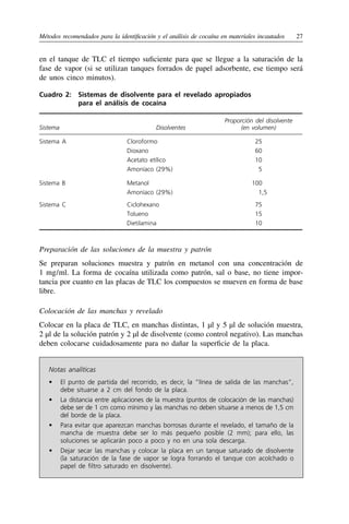 Métodos recomendados para la identificación y el análisis de cocaína en materiales incautados	27
en el tanque de TLC el tiempo suficiente para que se llegue a la saturación de la
fase de vapor (si se utilizan tanques forrados de papel adsorbente, ese tiempo será
de unos cinco minutos).
Cuadro 2: 
Sistemas de disolvente para el revelado apropiados
para el análisis de cocaína
Sistema Disolventes
Proporción del disolvente
(en volumen)
Sistema A Cloroformo
Dioxano
Acetato etílico
Amoníaco (29%)
25
60
10
  5
Sistema B Metanol
Amoníaco (29%)
100
1,5
Sistema C Ciclohexano
Tolueno
Dietilamina
75
15
10
Preparación de las soluciones de la muestra y patrón
Se preparan soluciones muestra y patrón en metanol con una concentración de
1 mg 
/ 
ml. La forma de cocaína utilizada como patrón, sal o base, no tiene impor-
tancia por cuanto en las placas de TLC los compuestos se mueven en forma de base
libre.
Colocación de las manchas y revelado
Colocar en la placa de TLC, en manchas distintas, 1 µl y 5 µl de solución muestra,
2 µl de la solución patrón y 2 µl de disolvente (como control negativo). Las manchas
deben colocarse cuidadosamente para no dañar la superficie de la placa.
Notas analíticas
•	 El punto de partida del recorrido, es decir, la “línea de salida de las manchas”,
debe situarse a 2 cm del fondo de la placa.
•	 La distancia entre aplicaciones de la muestra (puntos de colocación de las manchas)
debe ser de 1 cm como mínimo y las manchas no deben situarse a menos de 1,5 cm
del borde de la placa.
•	 Para evitar que aparezcan manchas borrosas durante el revelado, el tamaño de la
mancha de muestra debe ser lo más pequeño posible (2 mm); para ello, las
soluciones se aplicarán poco a poco y no en una sola descarga.
•	 Dejar secar las manchas y colocar la placa en un tanque saturado de disolvente
(la saturación de la fase de vapor se logra forrando el tanque con acolchado o
papel de filtro saturado en disolvente).
 