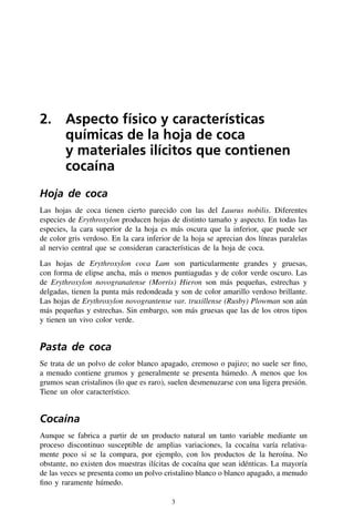 3
2. 
Aspecto físico y características
químicas de la hoja de coca
y materiales ilícitos que contienen
cocaína
Hoja de coca
Las hojas de coca tienen cierto parecido con las del Laurus nobilis. Diferentes
especies de Erythroxylon producen hojas de distinto tamaño y aspecto. En todas las
especies, la cara superior de la hoja es más oscura que la inferior, que puede ser
de color gris verdoso. En la cara inferior de la hoja se aprecian dos líneas paralelas
al nervio central que se consideran características de la hoja de coca.
Las hojas de Erythroxylon coca Lam son particularmente grandes y gruesas,
con forma de elipse ancha, más o menos puntiagudas y de color verde oscuro. Las
de Erythroxylon novogranatense (Morris) Hieron son más pequeñas, estrechas y
delgadas, tienen la punta más redondeada y son de color amarillo verdoso brillante.
Las hojas de Erythroxylon novograntense var. truxillense (Rusby) Plowman son aún
más pequeñas y estrechas. Sin embargo, son más gruesas que las de los otros tipos
y tienen un vivo color verde.
Pasta de coca
Se trata de un polvo de color blanco apagado, cremoso o pajizo; no suele ser fino,
a menudo contiene grumos y generalmente se presenta húmedo. A menos que los
grumos sean cristalinos (lo que es raro), suelen desmenuzarse con una ligera presión.
Tiene un olor característico.
Cocaína
Aunque se fabrica a partir de un producto natural un tanto variable mediante un
proceso discontinuo susceptible de amplias variaciones, la cocaína varía relativa-
mente poco si se la compara, por ejemplo, con los productos de la heroína. No
obstante, no existen dos muestras ilícitas de cocaína que sean idénticas. La mayoría
de las veces se presenta como un polvo cristalino blanco o blanco apagado, a menudo
fino y raramente húmedo.
 