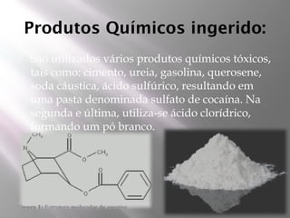Produtos Químicos ingerido:
 São utilizados vários produtos químicos tóxicos,
tais como: cimento, ureia, gasolina, querosene,
soda cáustica, ácido sulfúrico, resultando em
uma pasta denominada sulfato de cocaína. Na
segunda e última, utiliza-se ácido clorídrico,
formando um pó branco.
 