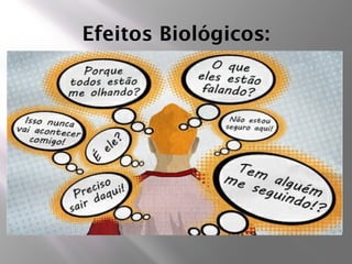 Efeitos Biológicos:
Aceleração do
ritmo cardíaco
ou menos
frequentement
e diminuição;
Dilatação
pupilar
tornando mais
difícil estar em
ambientes
claros;
Elevação da
pressão
sanguínea ou
menos
frequentement
e diminuição
da pressão;
Calafrios,
náusea;
Perda de peso
consequente à
perda de
apetite;
Agitação
psicomotora
ou menos
frequentement
e retardo
psicomotor;
Dores
musculares;
Diminuição da
capacidade
respiratória ;
Arritmias
cardíacas;
vômitos;
 