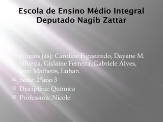 Escola de Ensino Médio Integral
Deputado Nagib Zattar
 Alunos (as): Caroline Figueiredo, Dayane M.
Silveira, Gislaine Ferreira, Gabriele Alves,
Jean Matheus, Luhan.
 Série: 2°ano 3
 Disciplina: Química
 Professora: Nicole
 