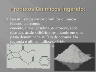    São utilizados vários produtos químicos
    tóxicos, tais como:
    cimento, ureia, gasolina, querosene, soda
    cáustica, ácido sulfúrico, resultando em uma
    pasta denominada sulfato de cocaína. Na
    segunda e última, utiliza-se ácido
    clorídrico, formando um pó branco.
 