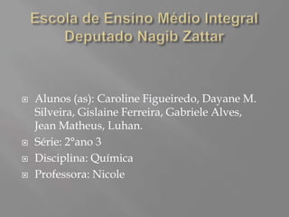    Alunos (as): Caroline Figueiredo, Dayane M.
    Silveira, Gislaine Ferreira, Gabriele Alves,
    Jean Matheus, Luhan.
   Série: 2°ano 3
   Disciplina: Química
   Professora: Nicole
 