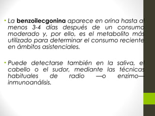 • La benzoilecgonina aparece en orina hasta al
menos 3-4 días después de un consumo
moderado y, por ello, es el metabolito más
utilizado para determinar el consumo reciente
en ámbitos asistenciales.
• Puede detectarse también en la saliva, el
cabello o el sudor, mediante las técnicas
habituales de radio —o enzimo—
inmunoanálisis.
 