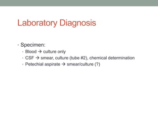 Laboratory Diagnosis

• Specimen:
  • Blood  culture only
  • CSF  smear, culture (tube #2), chemical determination
  • Petechial aspirate  smear/culture (?)
 