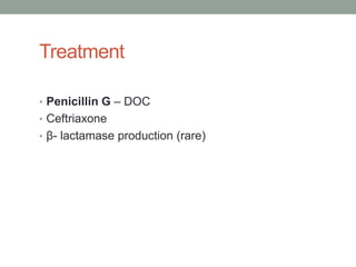 Treatment

• Penicillin G – DOC
• Ceftriaxone
• β- lactamase production (rare)
 
