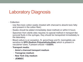 Laboratory Diagnosis

• Collection:
  • Use Non-toxic cotton swabs (treated with charcoal to absorb toxic fatty
      acid present in the cotton fiber)
  •   Swabs should be plated immediately (best method) or within 6 hours
  •   Specimen from sterile sites requires no special method in transport like
      synovial fluids in the syringes, they should be transpotred immediately to
      the laboratory
  •   Blood culture is an exception, N. gonorrheae and N. meningitidis are
      sensitive to SPS (Sodium Polyanetholsulfate) which is present in
      vacutainer tubes, if present should < 0.025%
  •   Transport media:
       • Amie’s charcoal transport medium
       • Transgrow medium
       • New York City medium
       • JEMBEC
 
