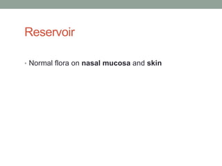 Reservoir

• Normal flora on nasal mucosa and skin
 